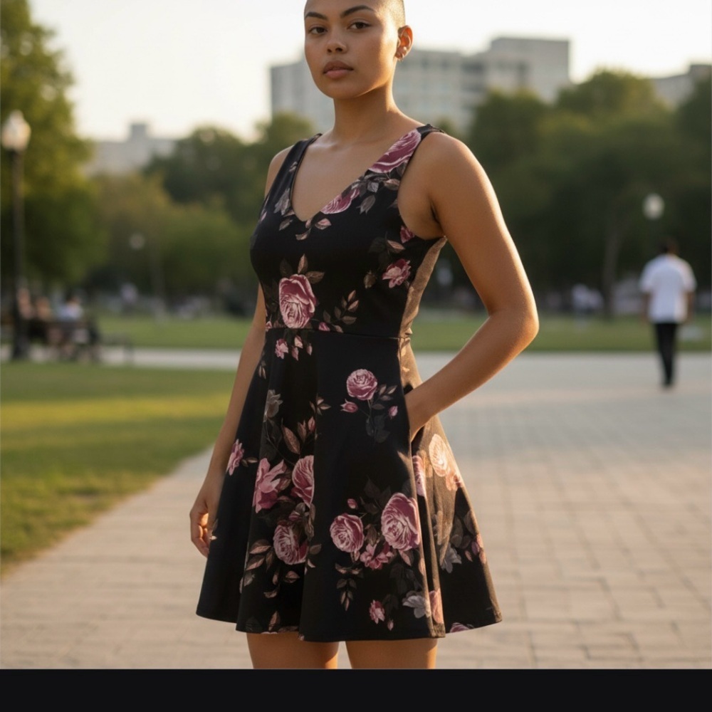 Red and black floral mini dress
